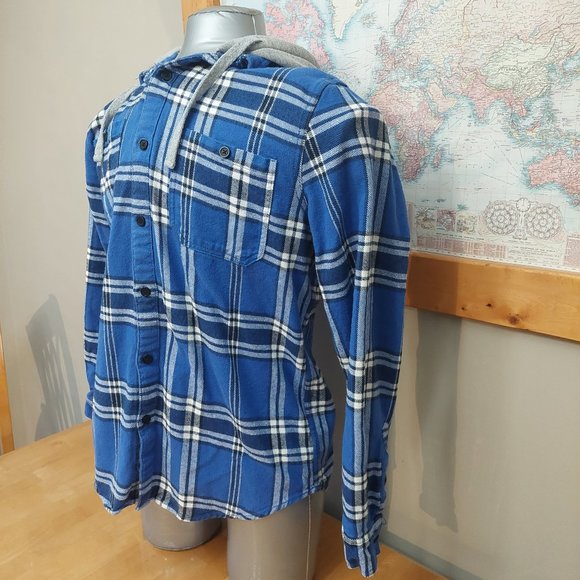 Urban Heritage Blue Hooded Plaid Long Sleeve Cotton Shirt Men's M/L - Picture 3 of 9